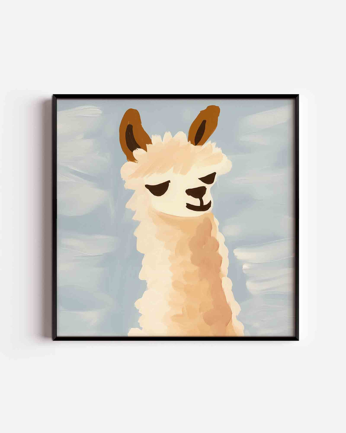 Lama met blauwe achtergrond – vierkante kinderposter als wanddecoratie