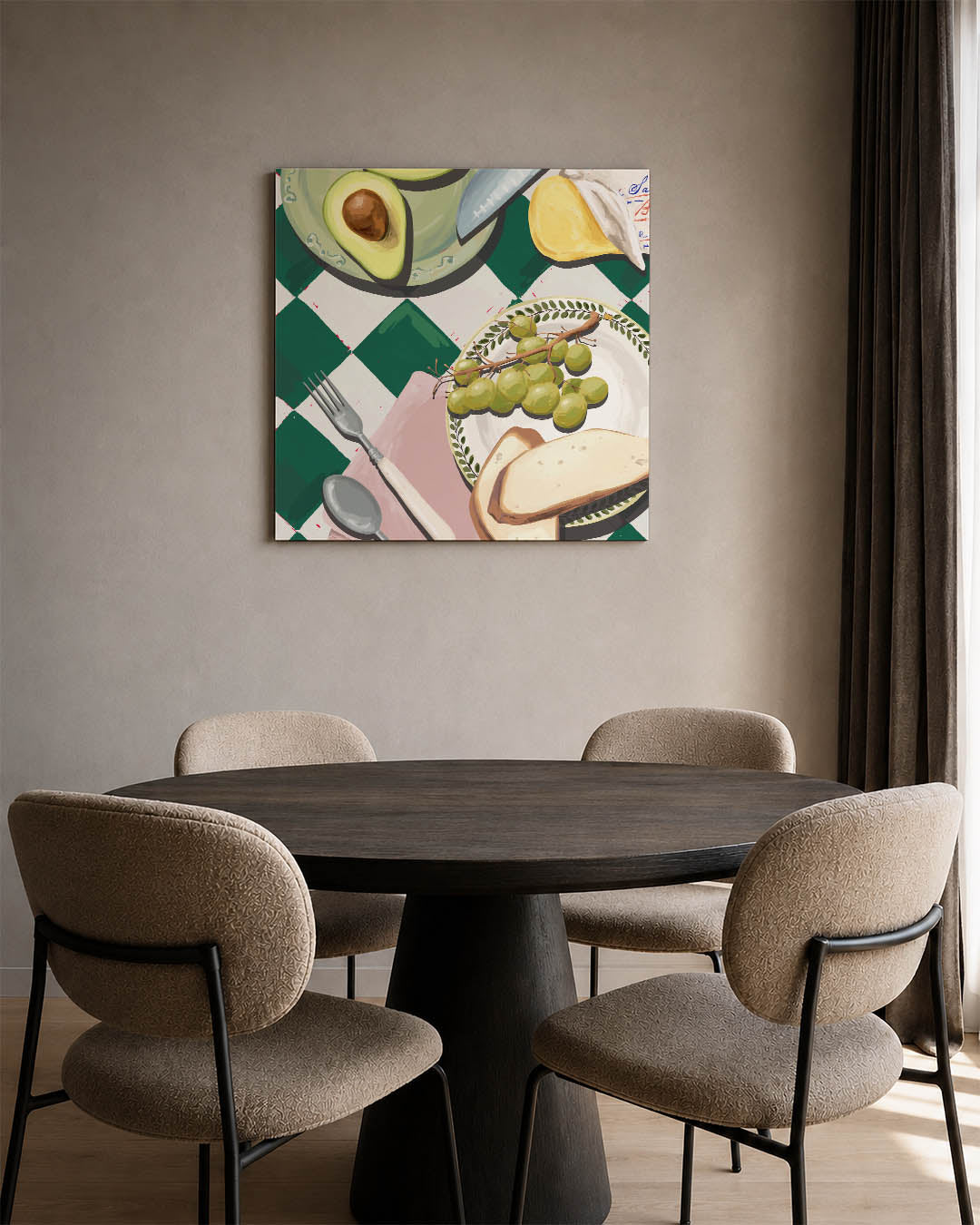 Abstract kunstwerk – vierkante wanddecoratie – een abstract kunstwerk met donkere tinten en een rustige visuele opbouw.