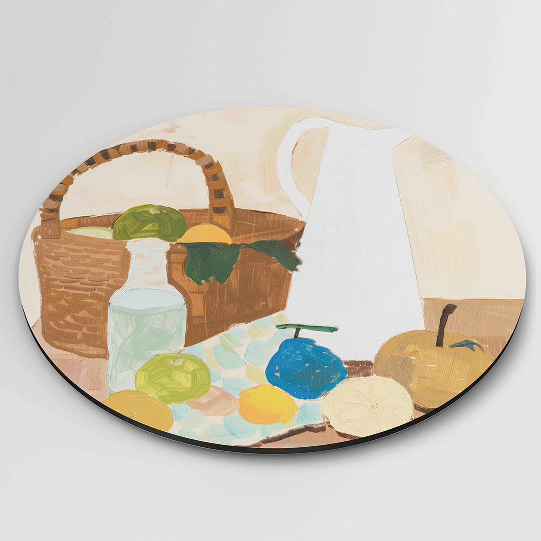 Stilleven met fruit en karaf – kleurrijke wandkunst als muurcirkel