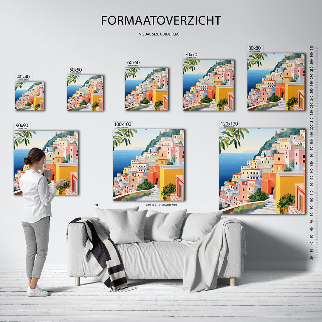 Vrolijke kusthuizen kunstwerk – sfeerbeeld – dit kunstwerk toont een levendig kustlandschap met kleurrijke huizen tegen een