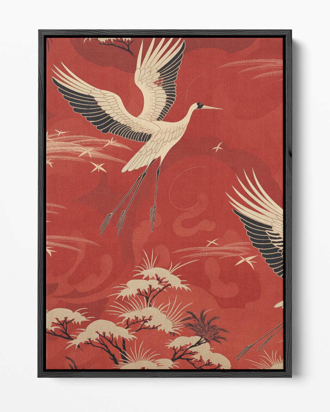 Vliegende Kraanvogels in het Rood – portret kunstwerk als wanddecoratie