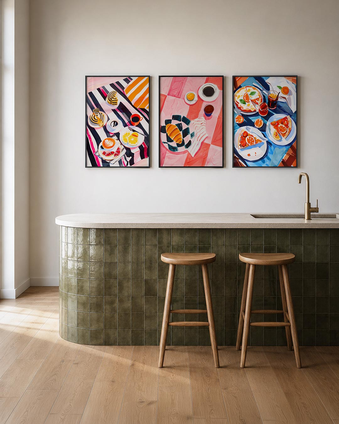 Kleurrijke ontbijtscène posterset – tweede productweergave – deze posterset in drie delen toont een levendig tafereel