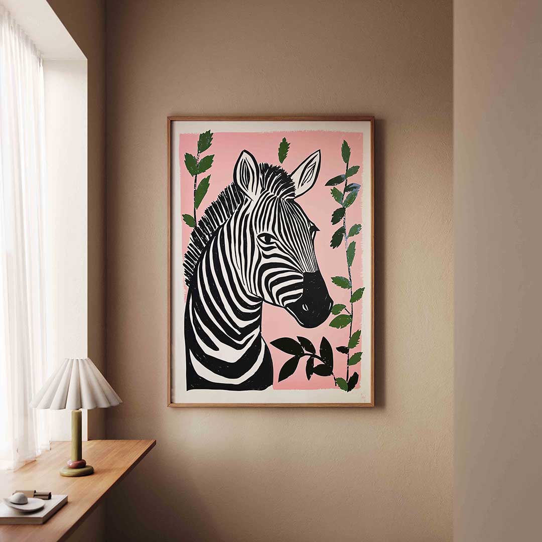 Zebra op roze – staande dieren wanddecoratie van WallArtistic
