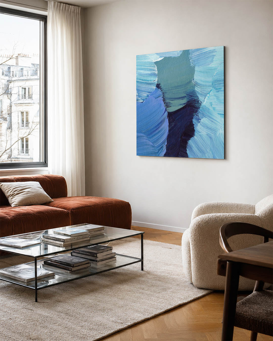 Dynamische blauwtinten kunstwerk – vierkante wanddecoratie – dit kunstwerk toont een levendige compositie van blauwe en
