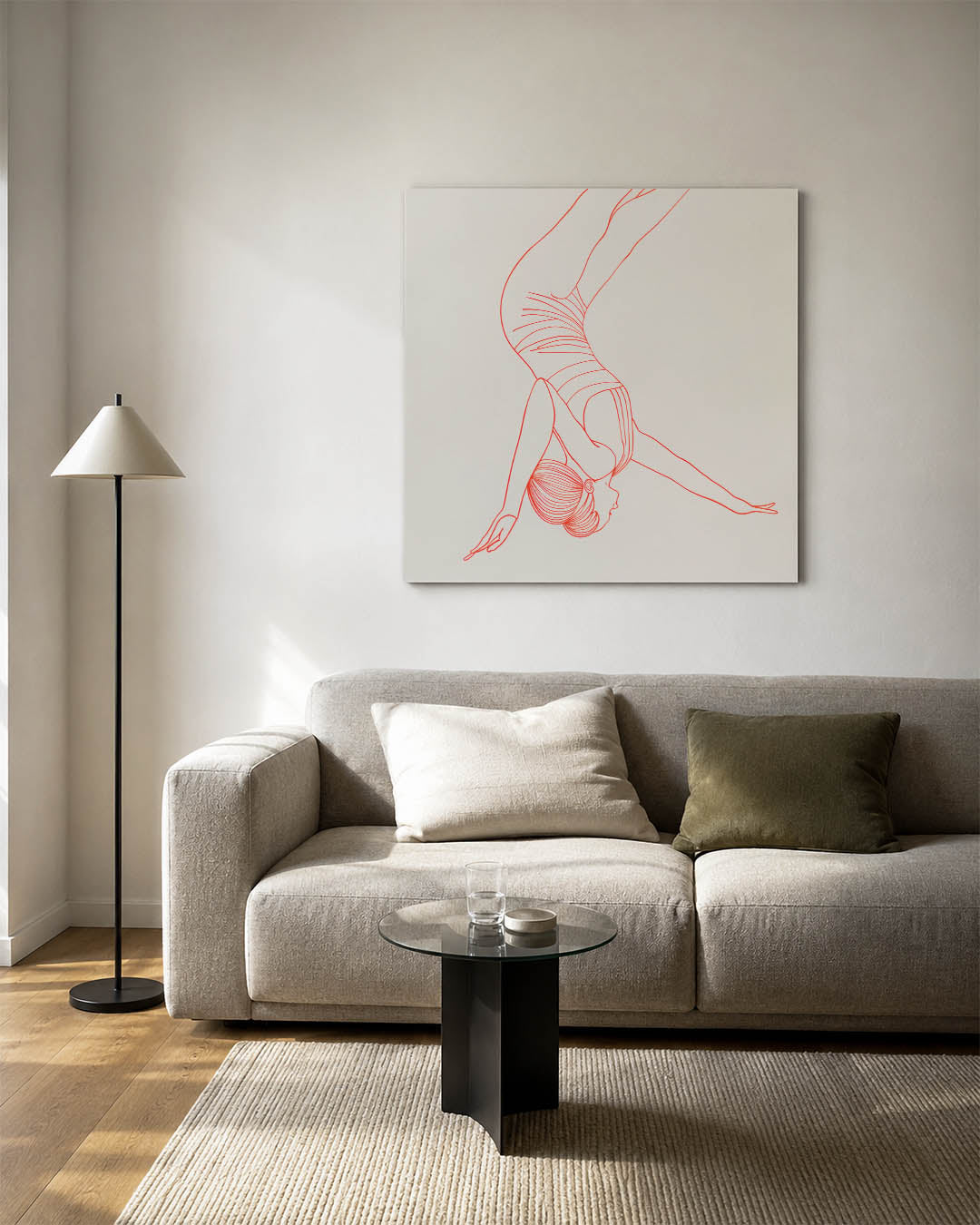 Elegante lijntekening kunstwerk – vierkante wanddecoratie – dit kunstwerk toont een sierlijke figuur in een dynamische pose