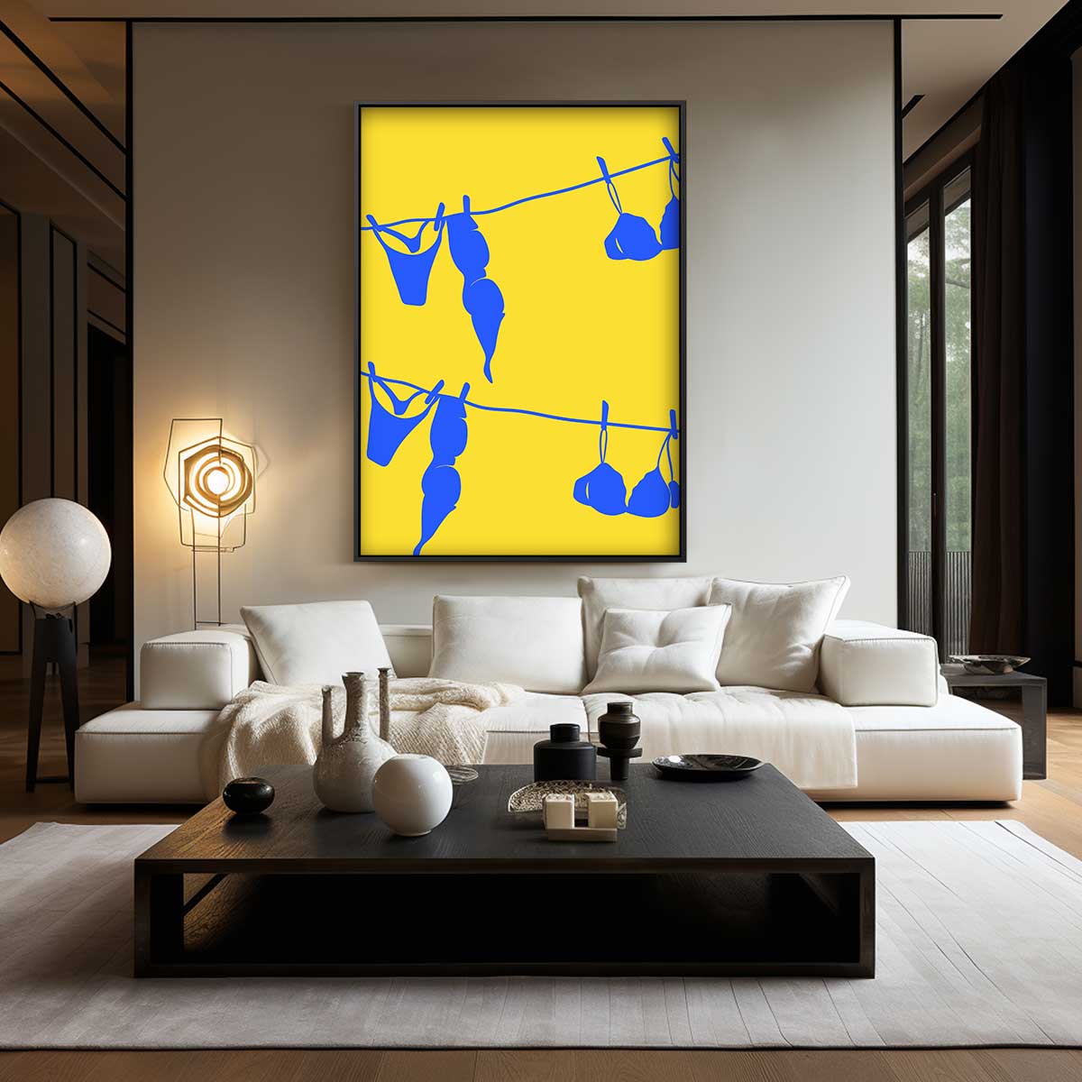 Blauw Wasgoed op Gele Draad – plexiglas wanddecoratie in portret formaat