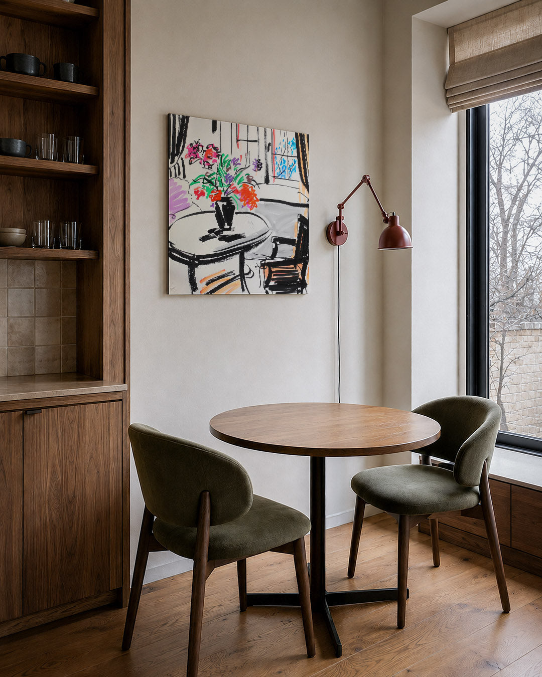 Kleurrijke interieurtekening kunstwerk – derde productweergave – dit toont een levendige interieurtekening met vloeiende