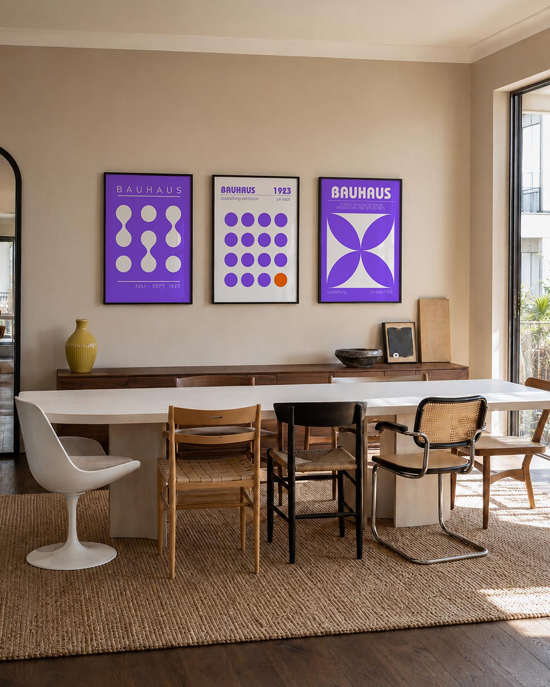 Vorm en kleur driedelige posterset – deze poster toont een speelse ordening van witte cirkels en