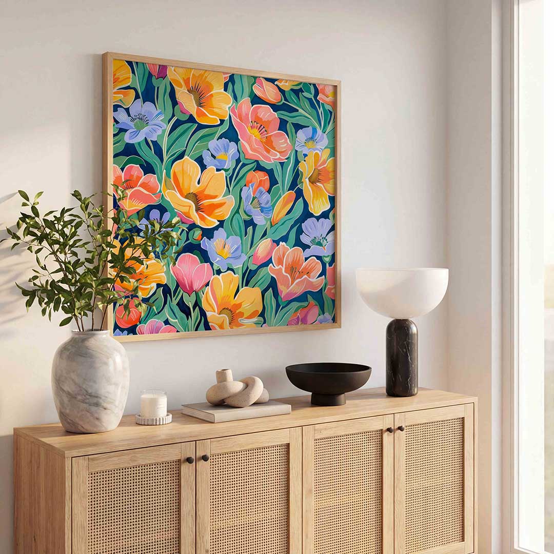 Bloemen en bladeren – illustratie poster in vierkant formaat