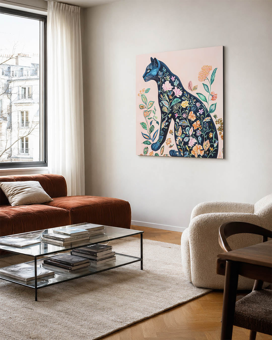 Bloemenkat kunstwerk – vierkante wanddecoratie – dit werk toont een silhouet van een kat gevuld met kleurrijke bloemen en