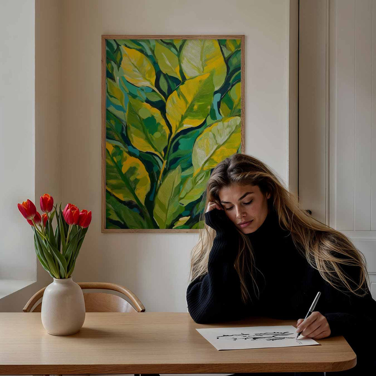 Groene Blaadjes Kunstposter – bloemen poster als moderne staande wanddecoratie