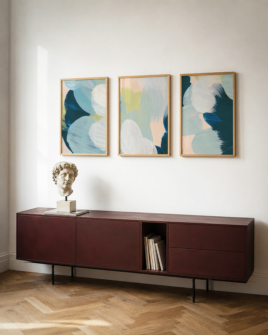 Kleurvlakken harmonie posterset – tweede productweergave – deze posterset in drie delen toont vloeiende kleurvlakken
