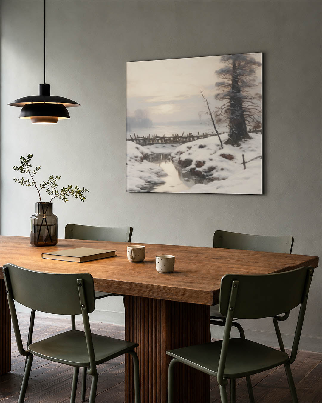 Winterlandschap met sneeuw kunstwerk – tweede productweergave – dit werk toont een serene winterse scène met een besneeuwd