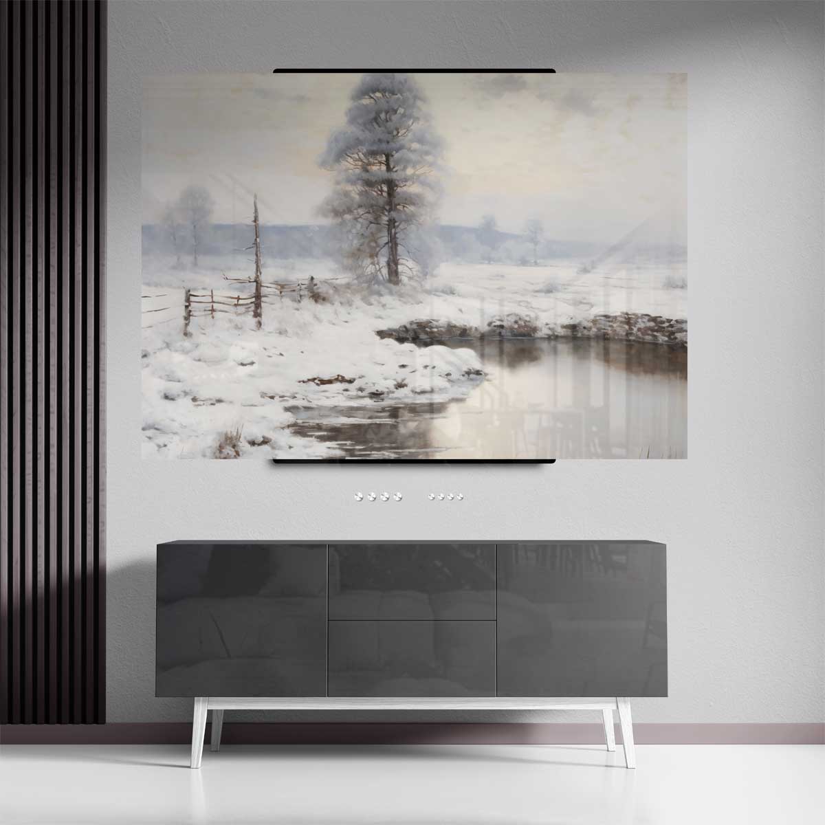 Winterlandschap met Sneeuw en Vijver – canvas kunstwerk als wanddecoratie