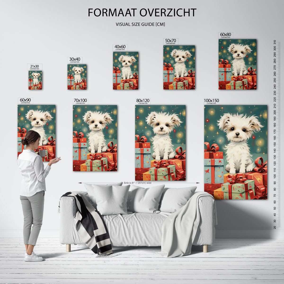 Hondje met cadeaus – staande muurposter voor kerst