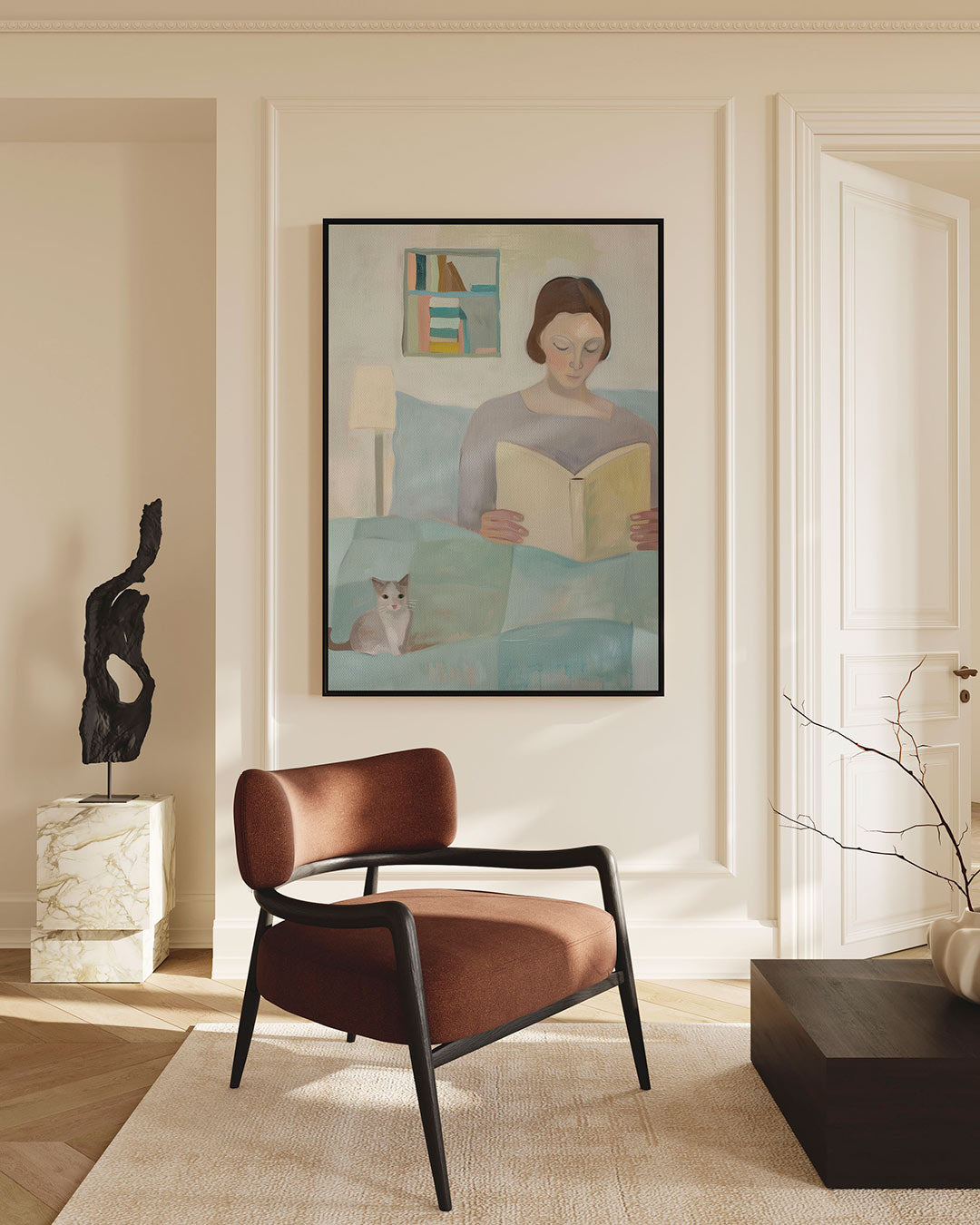 Lezende vrouw met kat – staand wanddecoratie kunstwerk