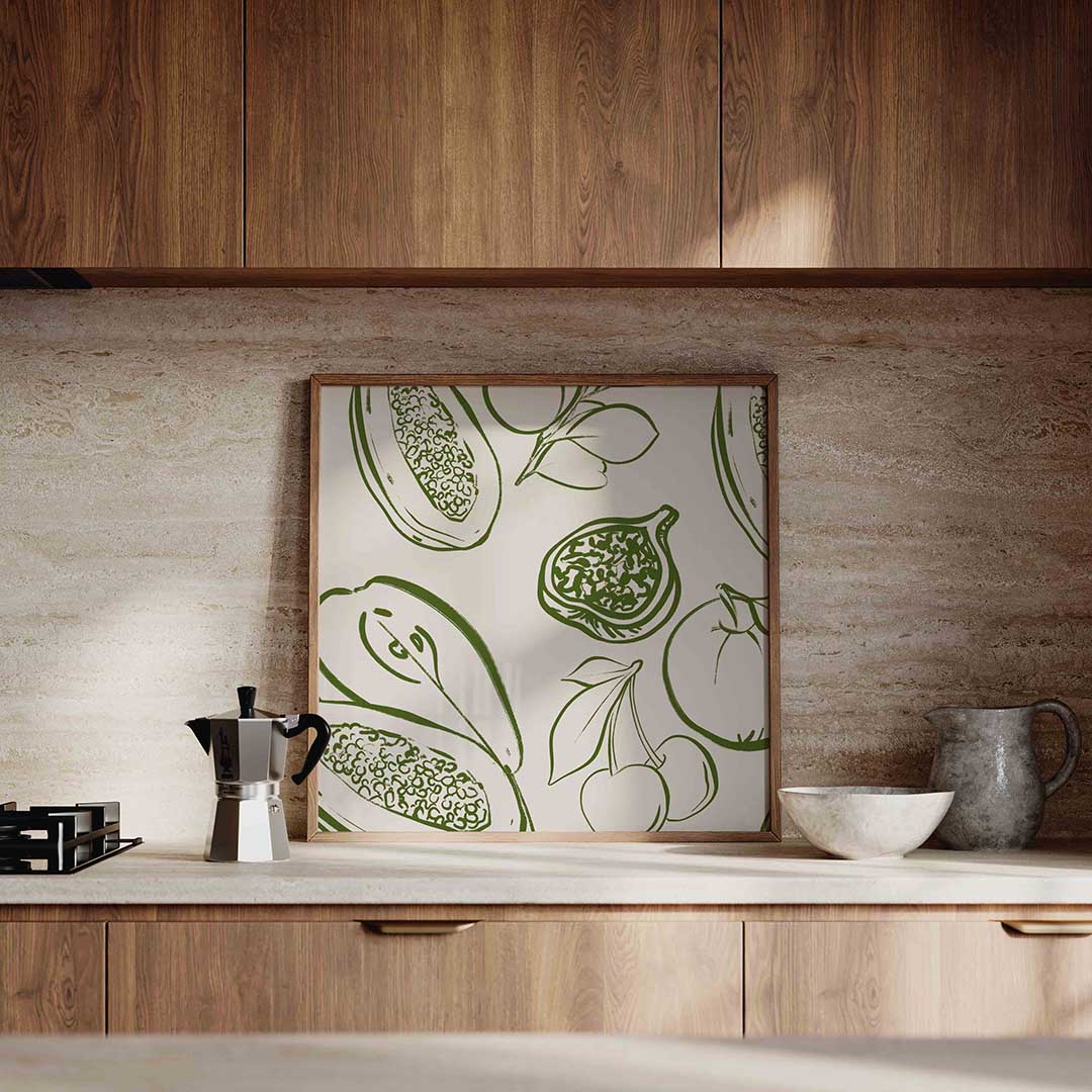 Fruit en bladeren – culinaire wandkunst als vierkante poster