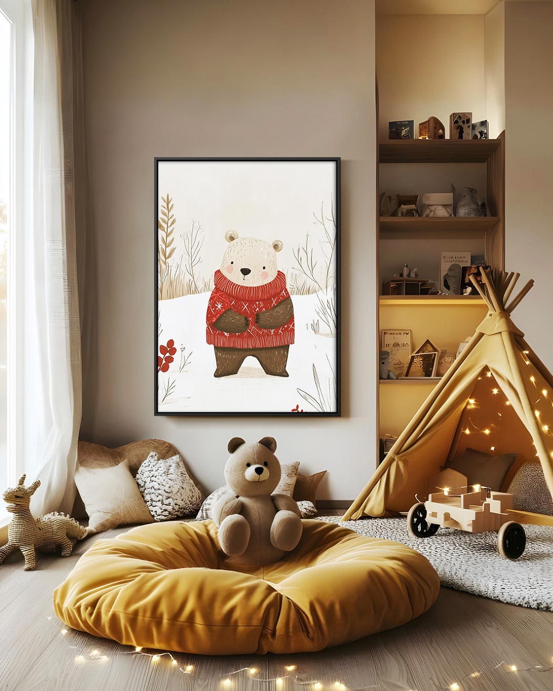 Winterse beer illustratie – decoratief kunstwerk voor aan de muur