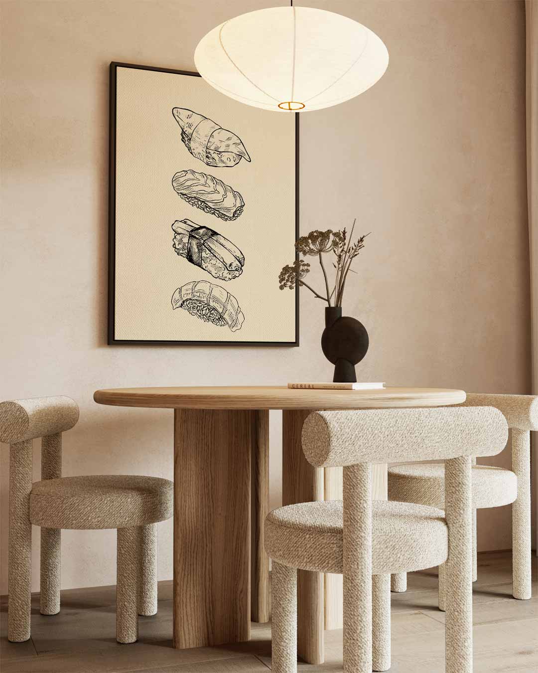 Sushi Illustratie op Beige Achtergrond – canvas wanddecoratie in portret formaat