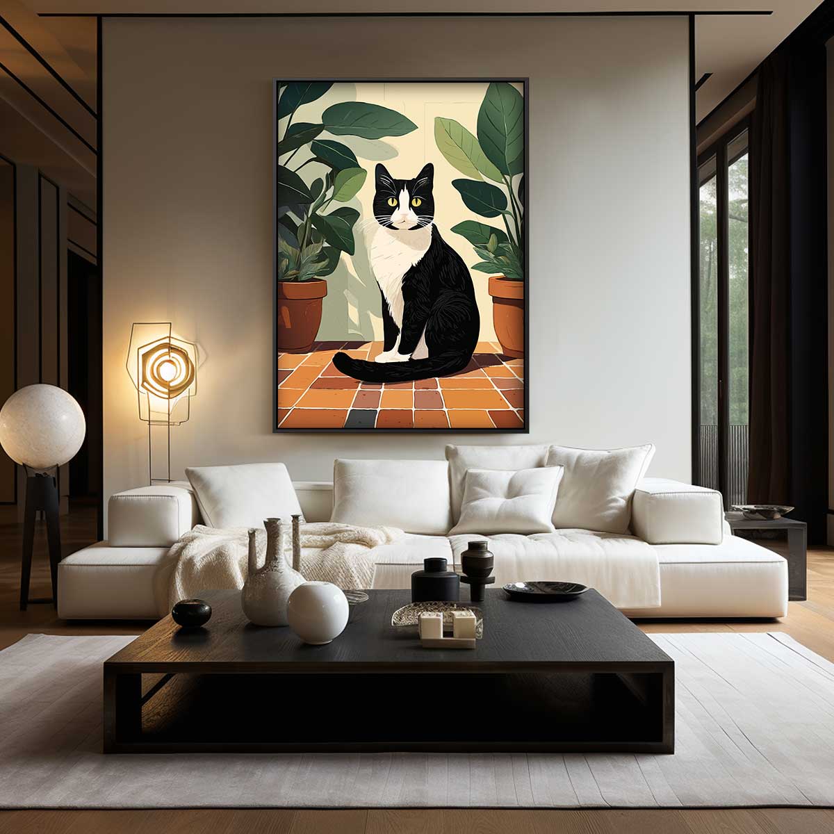 Charmante Kat tussen Groen – kunstwerk met zwarte baklijst