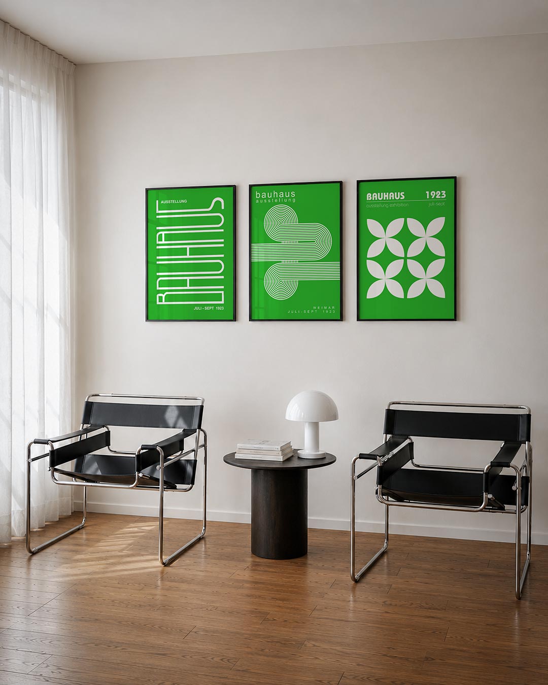Lijnen en kleurvlakken posterset – tweede productweergave – heldere groene achtergrond met witte, gestileerde lijnen die een