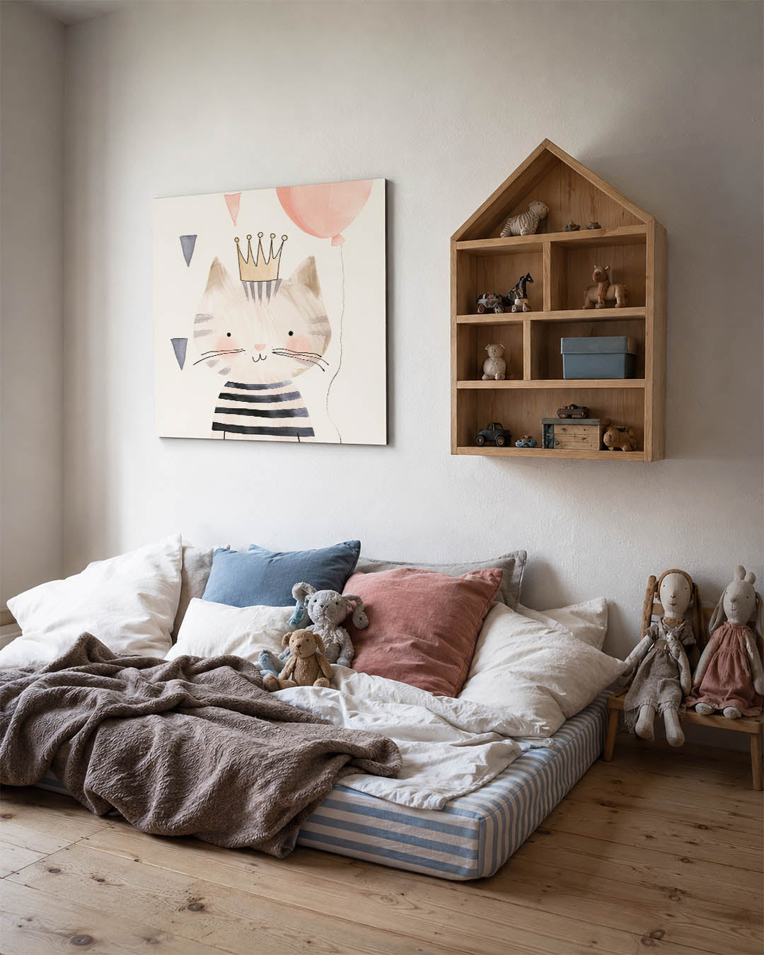 Speelse kat illustratie kunstwerk – derde productweergave – dit werk toont een schattige kat met een kroon en ballon. De