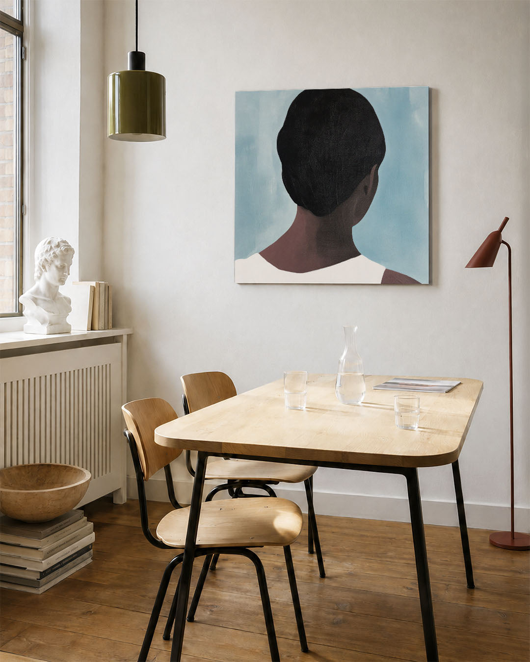 Stille reflectie kunstwerk – vierkante wanddecoratie – dit kunstwerk toont een compositie met een figuur van achteren gezien