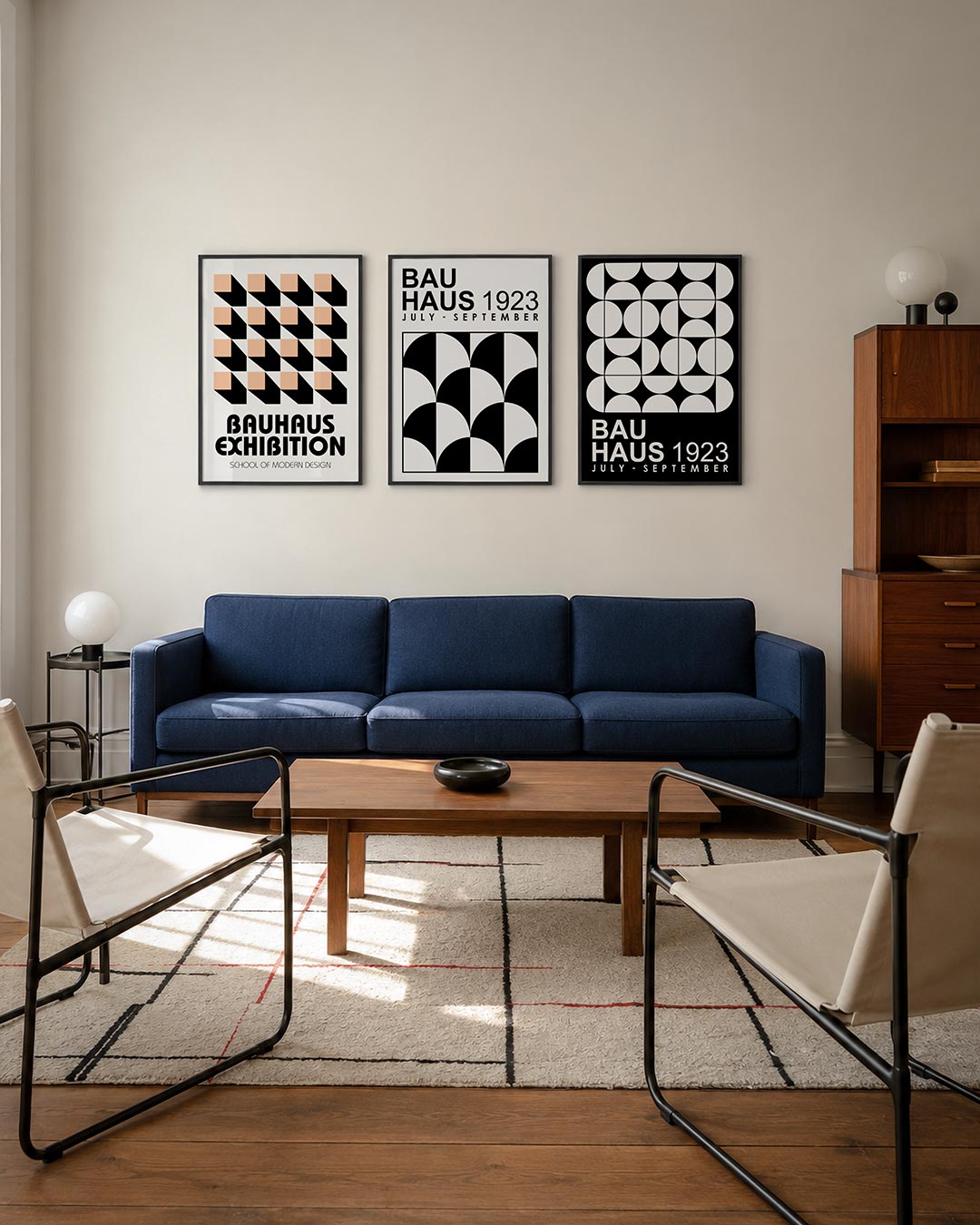 Vorm en schaduw driedelige posterset – deze posterset in drie delen toont een ritmisch patroon van perzikkleurige vierkanten