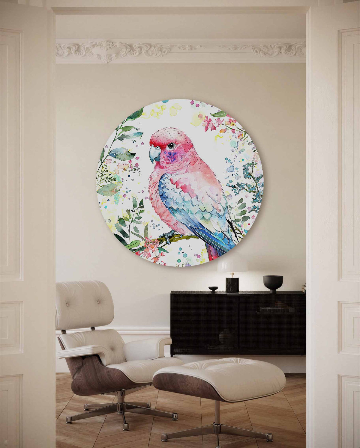 Papegaai en bloemen – illustratie muurcirkel als ronde muurdecoratie