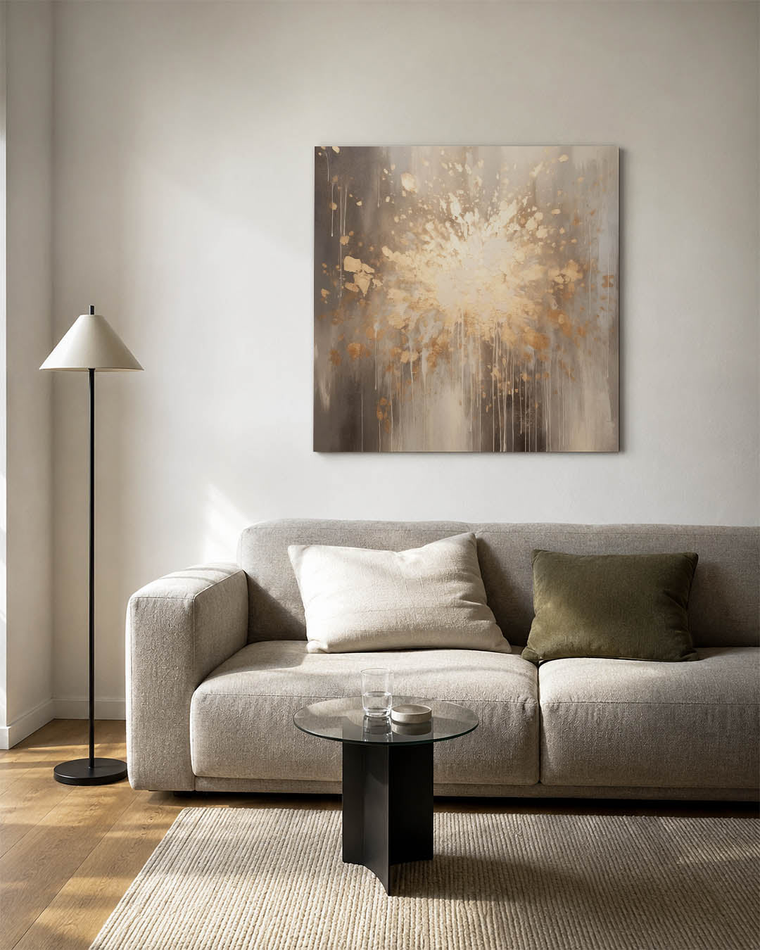 Explosieve kleurenpracht kunstwerk – vierkante wanddecoratie – dit kunstwerk toont een dynamische explosie van beige en brons