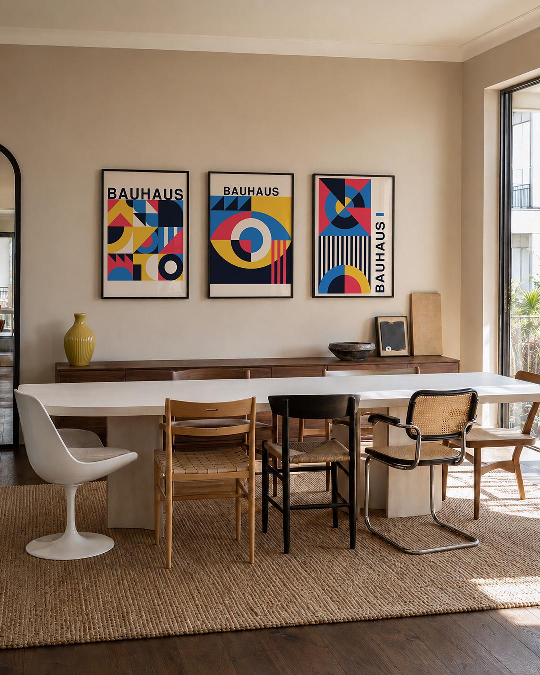 Kleurrijke vlakverdeling driedelige posterset – deze posterset in drie delen toont een speelse mix van geometrische vormen en