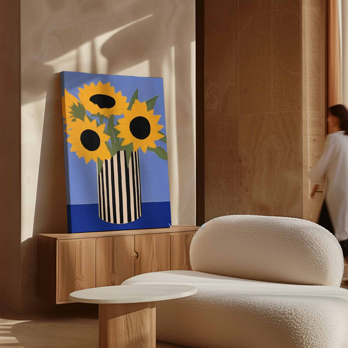 Zonnige Zonnebloemen in Streepjesvaas – staand kunstwerk voor modern interieur