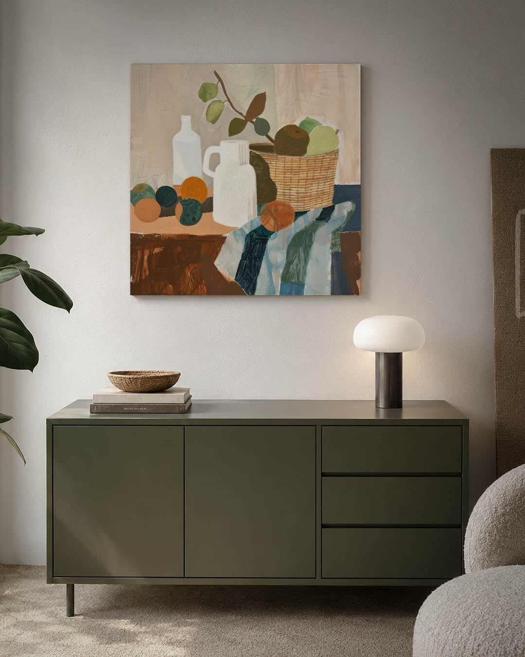 Fruit en vormen kunstwerk – detailweergave – dit werk toont een stilleven met fruit en objecten. De compositie bestaat uit