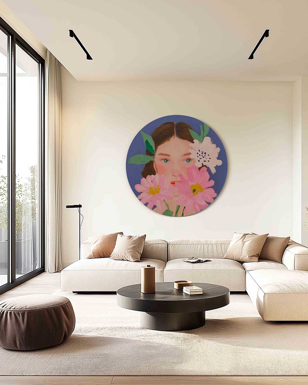 Bloemen en gezicht – kleurrijke muurcirkel als ronde wanddecoratie