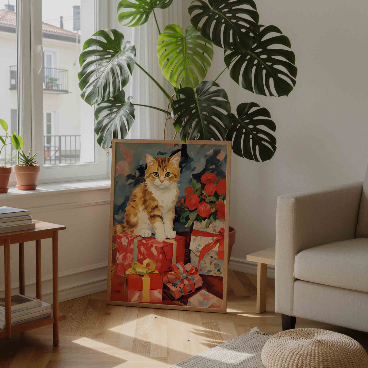 Kat met cadeaus – feestelijke wandkunst als portret poster