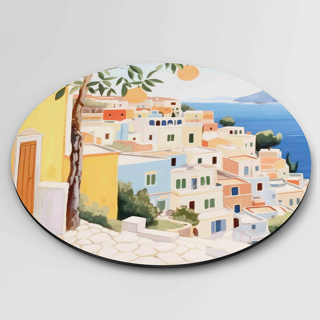 Mediterrane huizen en zee – ronde wanddecoratie met abstract ontwerp