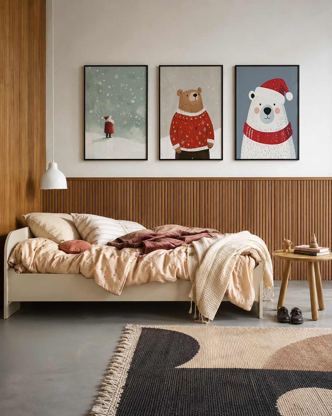 Winterse figuur driedelige posterset – een figuur in een rode mantel staat in een sneeuwlandschap,