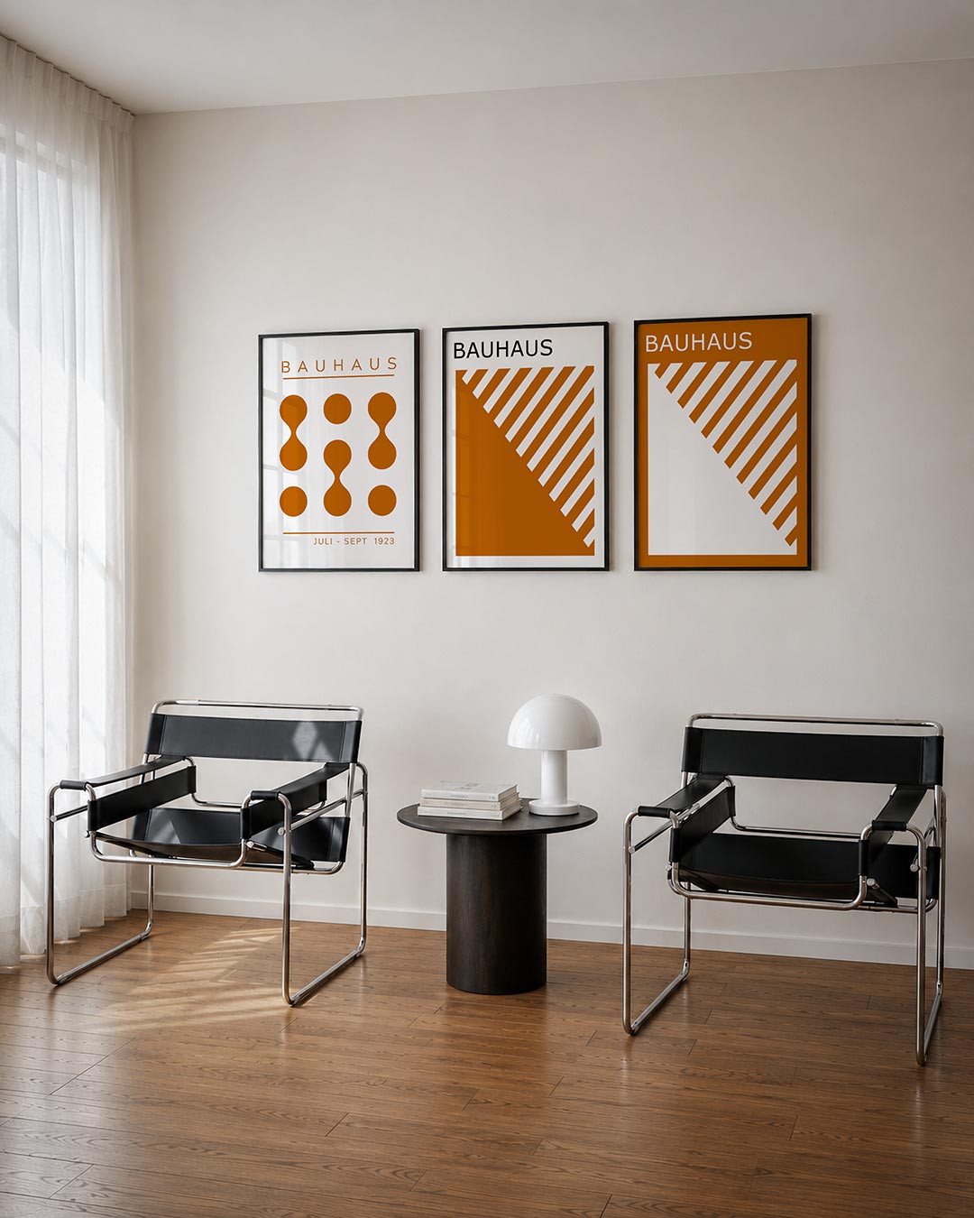 Vormen en vlakken driedelige posterset – deze posterset in drie delen toont een ritmisch spel van oranje cirkels en