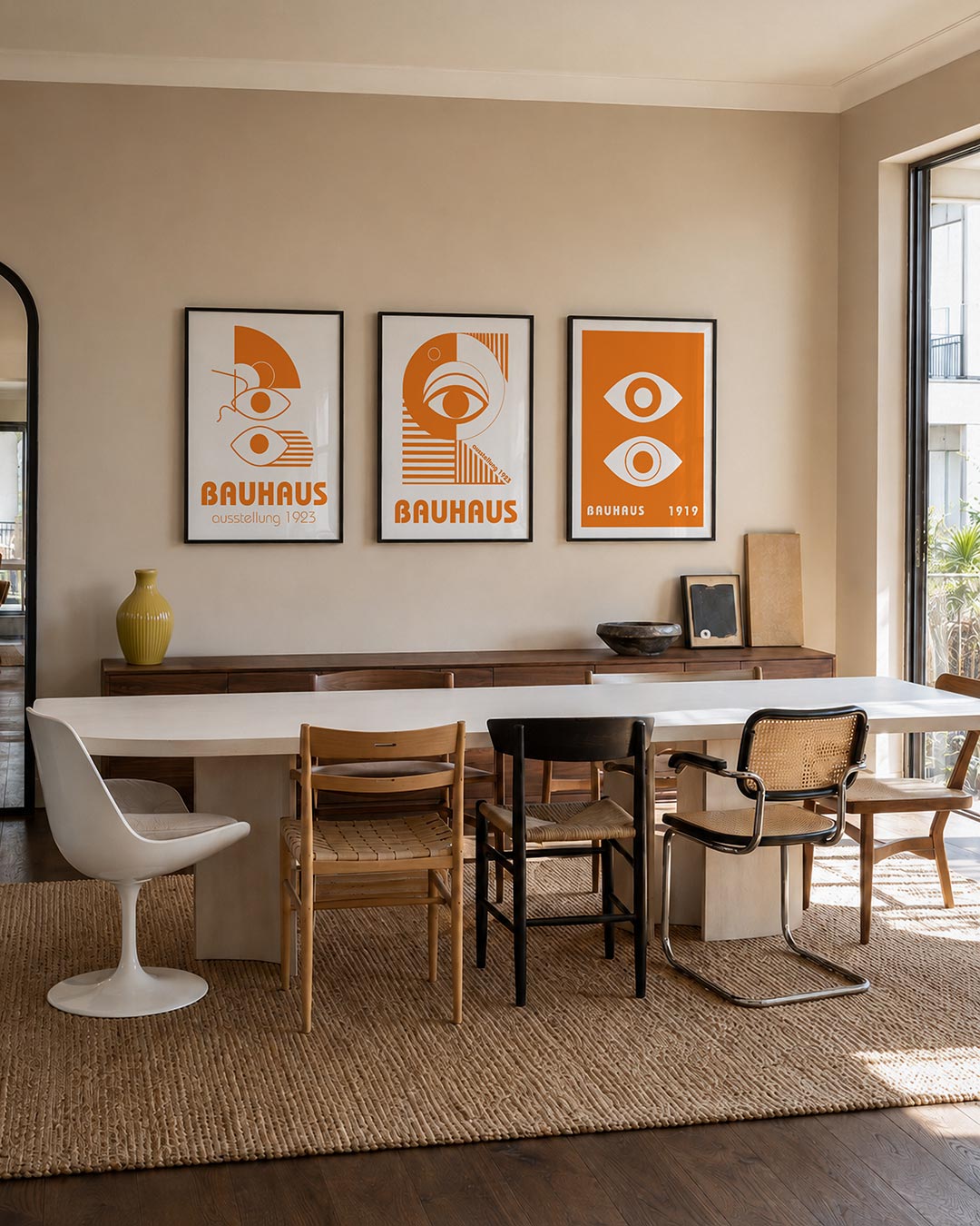 Oog en lijnen posterset – tweede productweergave – oranje vormen en lijnen creëren een speelse visuele ordening. Twee ogen