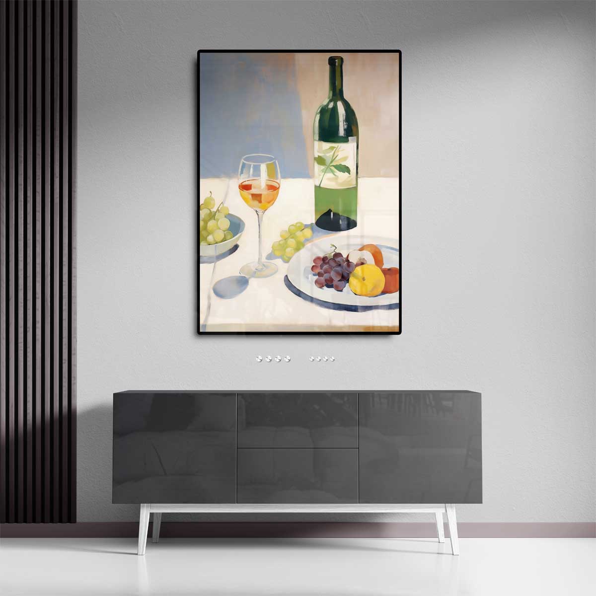 Stilleven met Wijn en Vruchten – staande wandkunst voor woonkamer of interieur