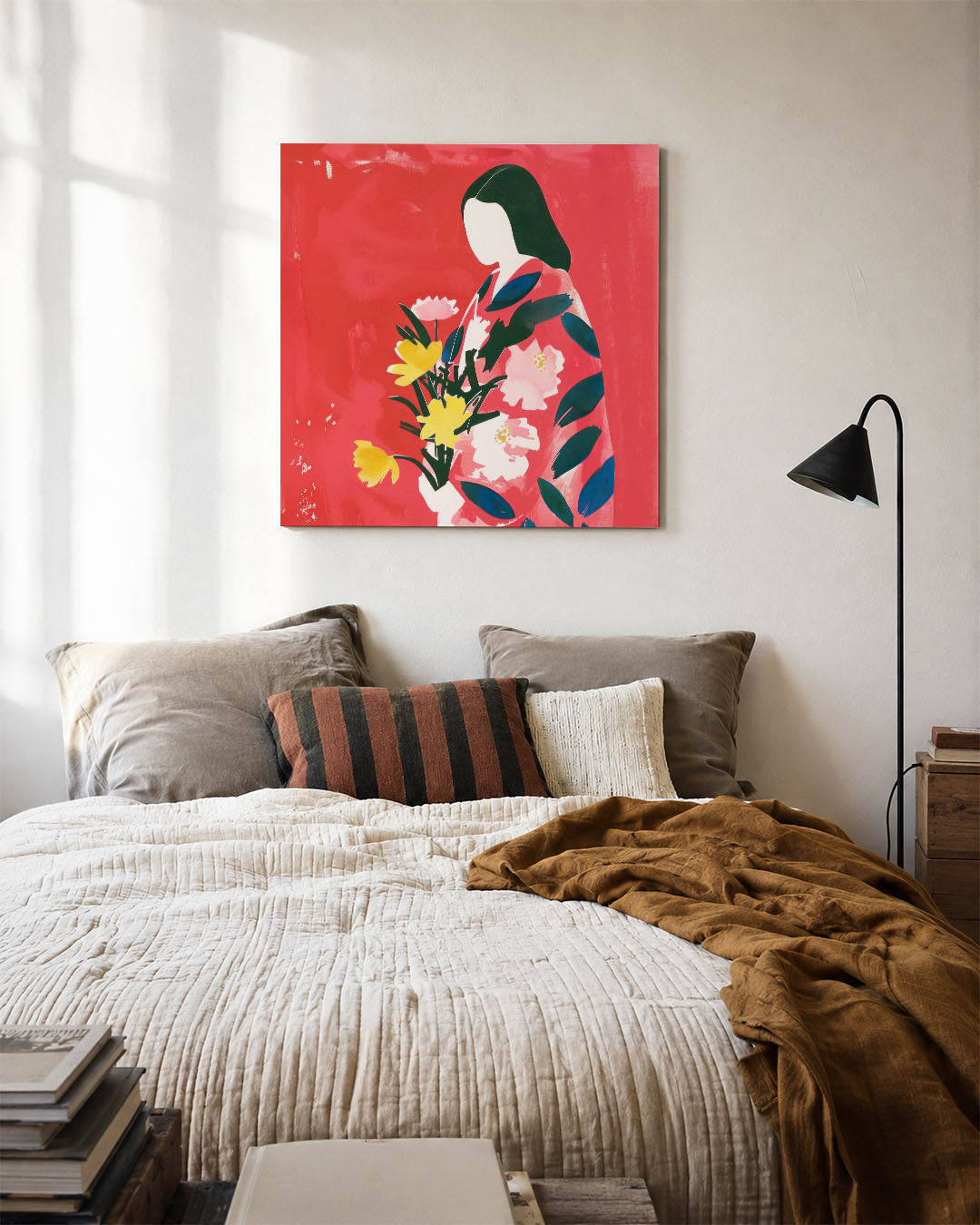 Vrouw met bloemen kunstwerk – detailweergave – dit werk toont een silhouet van een vrouw met bloemen tegen een levendige