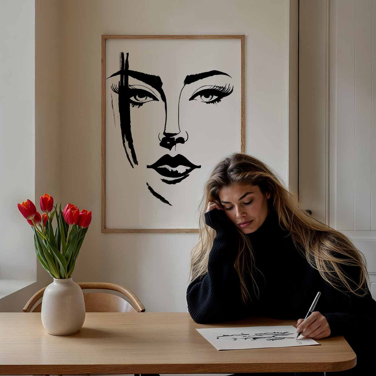 Elegante Zwart-Wit Gezichtslijn – Popart poster als moderne urban wanddecoratie