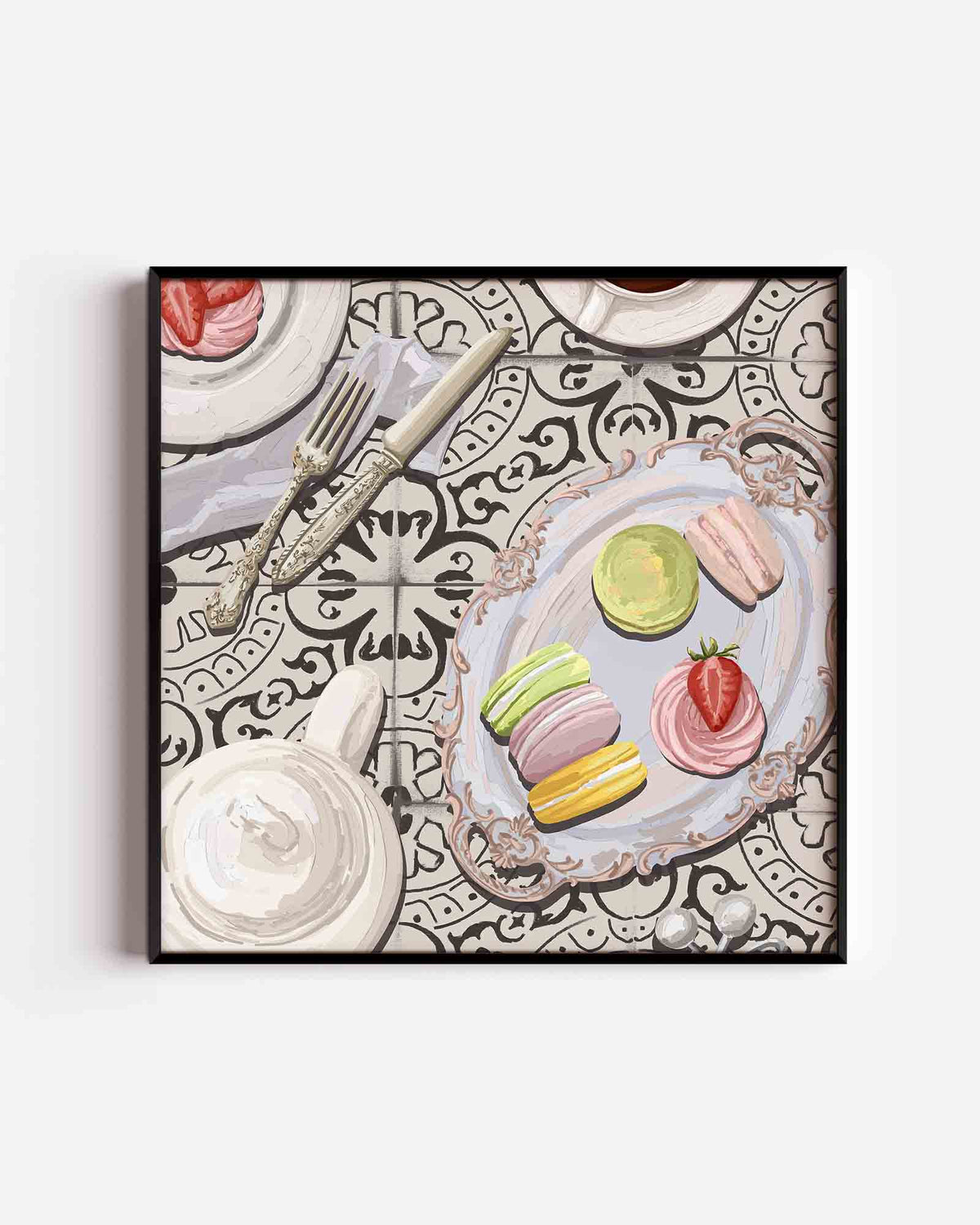 Macarons en aardbei – keuken vierkante poster als wanddecoratie