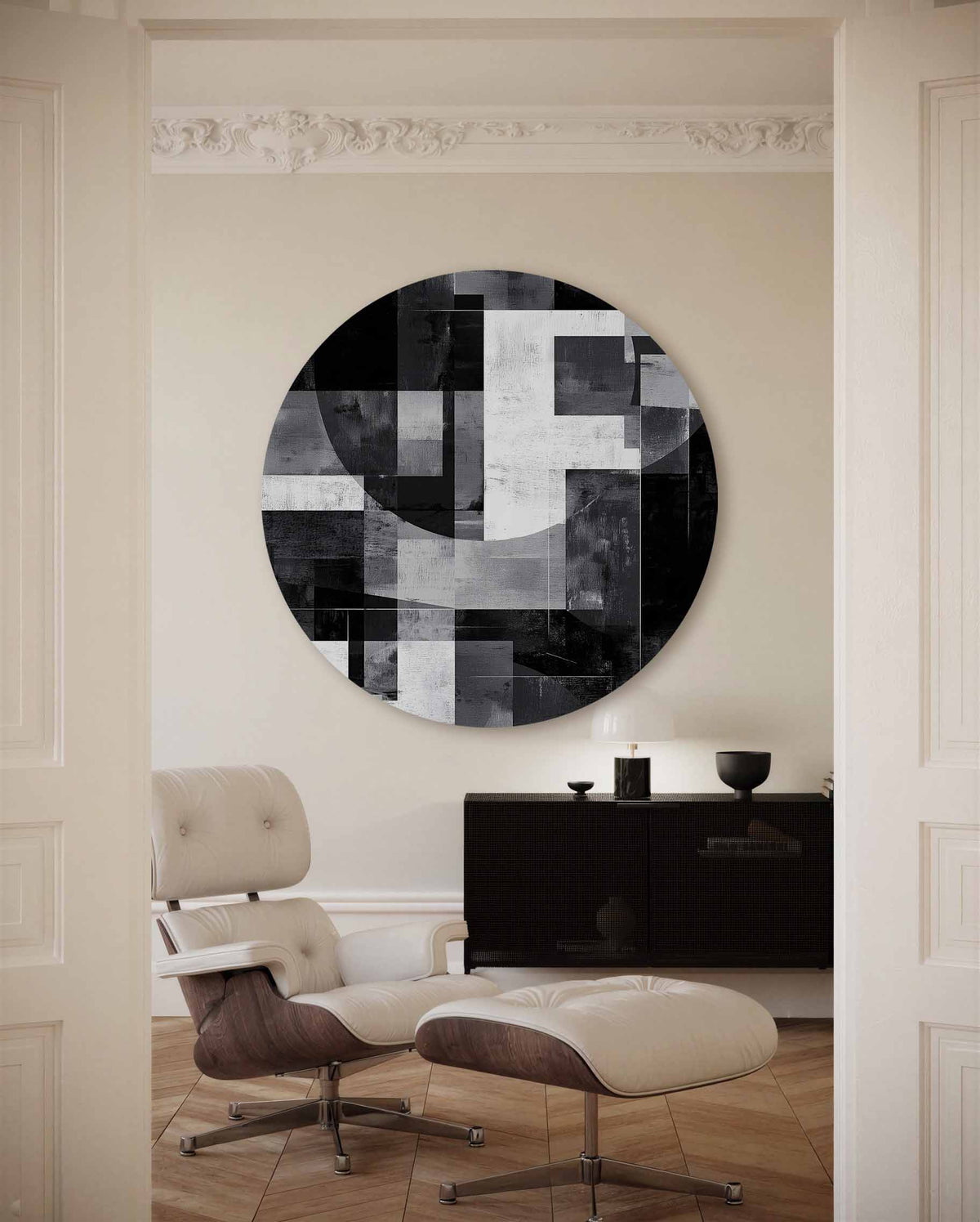 Abstracte geometrische – portret muurcirkel als ronde muurdecoratie