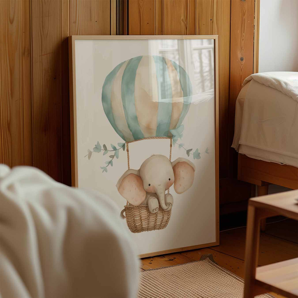 Dromerige Olifant in Luchtballon – staande muurposter voor de kinderkamer