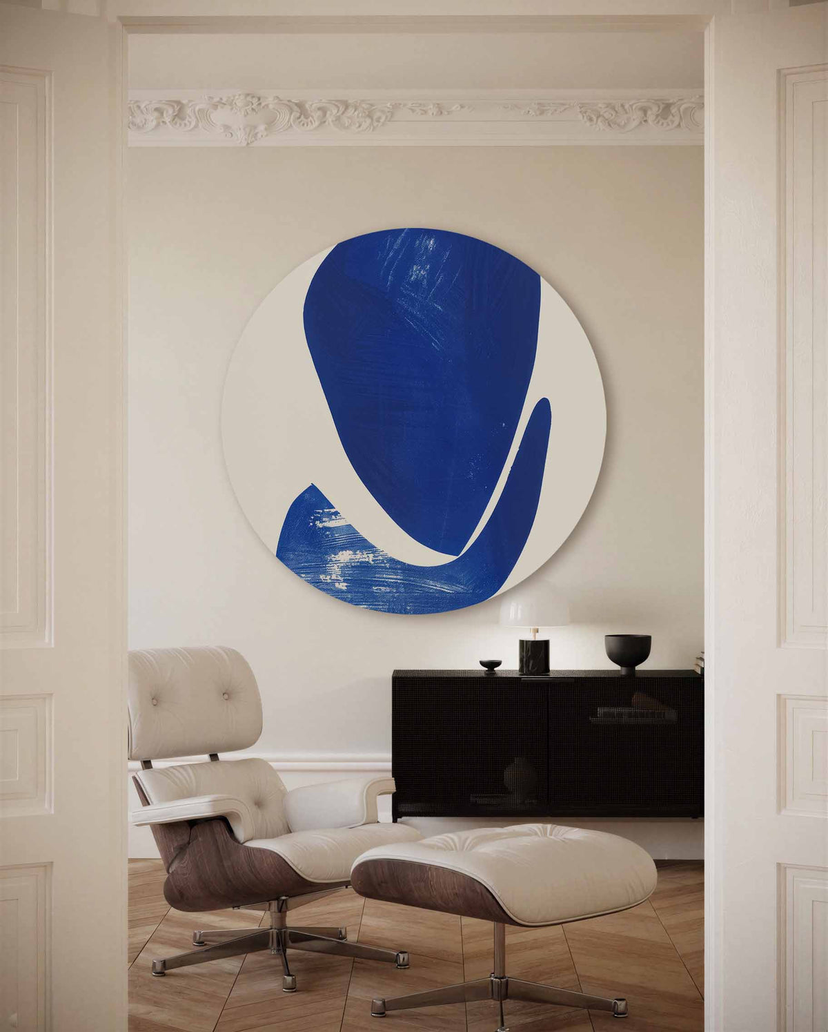 Abstracte blauwe vormen – muurcirkel met kleur en vormen voor aan de muur