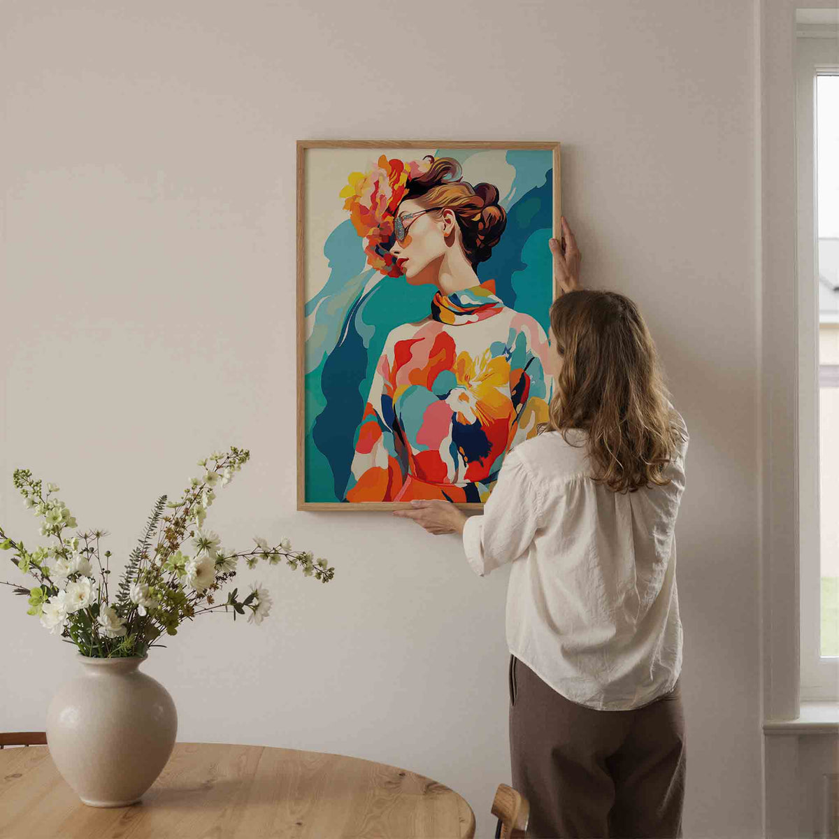 Vrouw met bloemenhoed – botanische wandkunst als portret poster