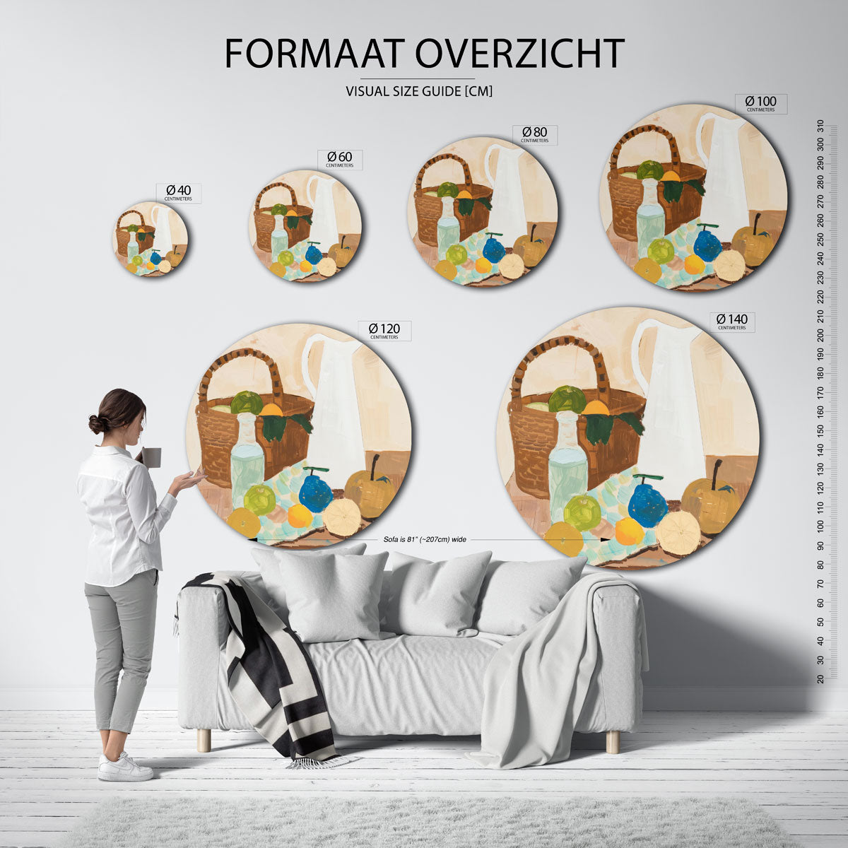 Stilleven met fruit en karaf – ronde muurdecoratie met kleur en vorm