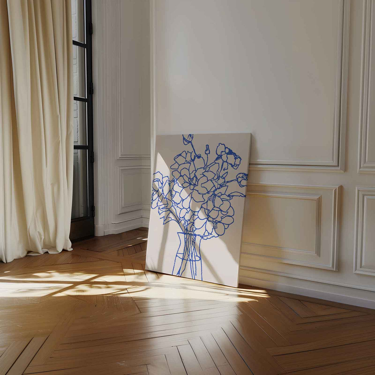 Elegante Blauwe Bloemenlijn – staand kunstwerk voor modern interieur