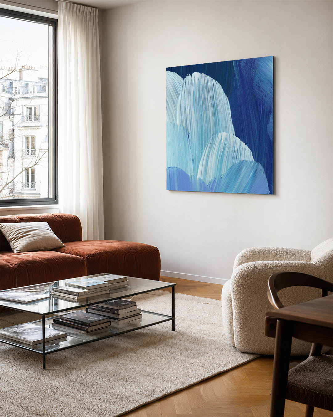 Golvende blauwe penselen kunstwerk – vierkante wanddecoratie – dit werk toont vloeiende penseelstreken in verschillende